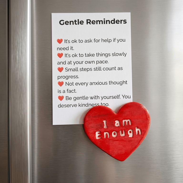 I Am Enough crimson red heart fridge magnet with A7 Gentle Reminders card