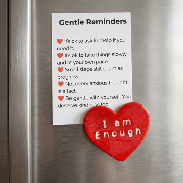 I Am Enough crimson red heart fridge magnet with A7 Gentle Reminders card