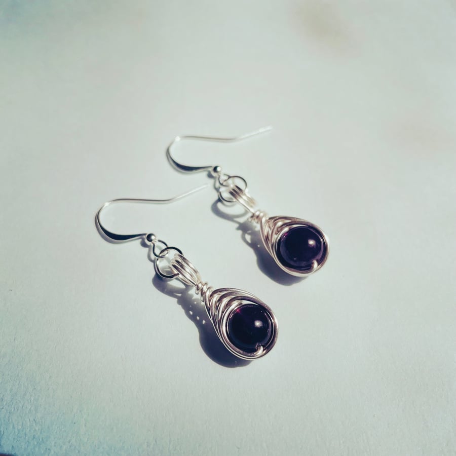Wire wrapped amethyst bead earrings