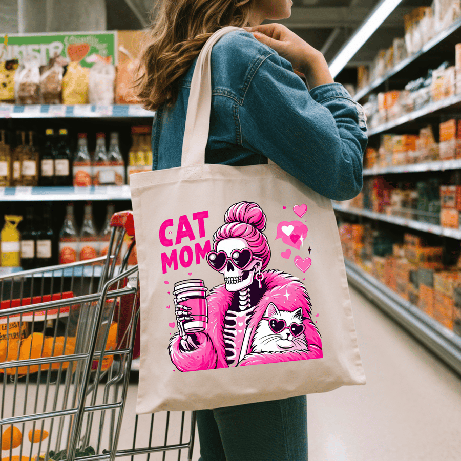 41x37 cm "Cat Mom" Tote Bag – Skeleton Style, Pink Aesthetic – Cute & Durable