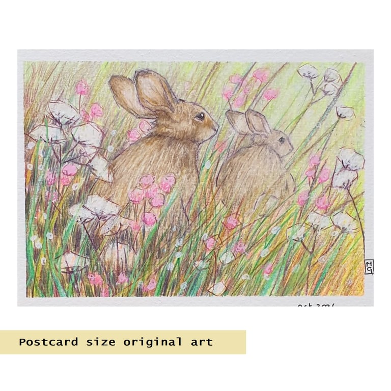 Two Little Rabbits, a small original drawing, animal artwork, wall art
