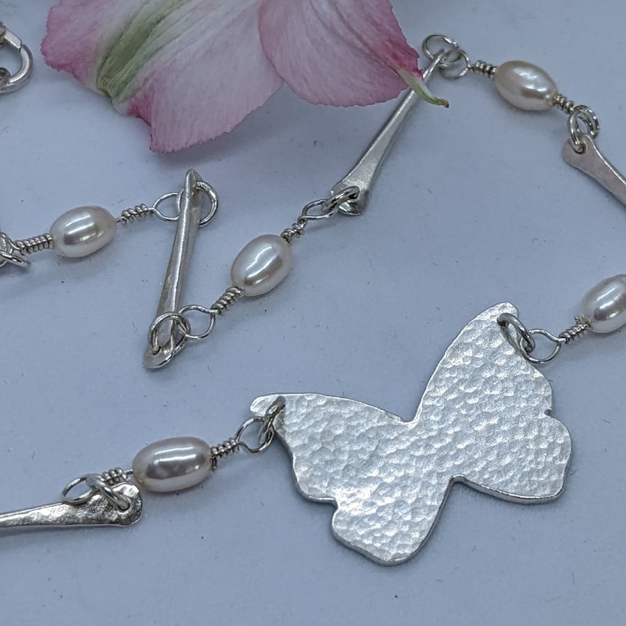 Silver butterfly pendant, Butterfly necklace with pearl beads, Nature gift 