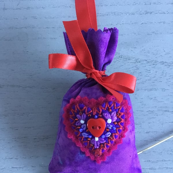 Hand Embroidered Heart Lavender Bag
