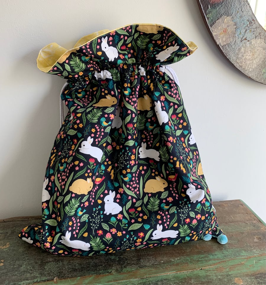 Rabbits and birds drawstring bag with pompoms