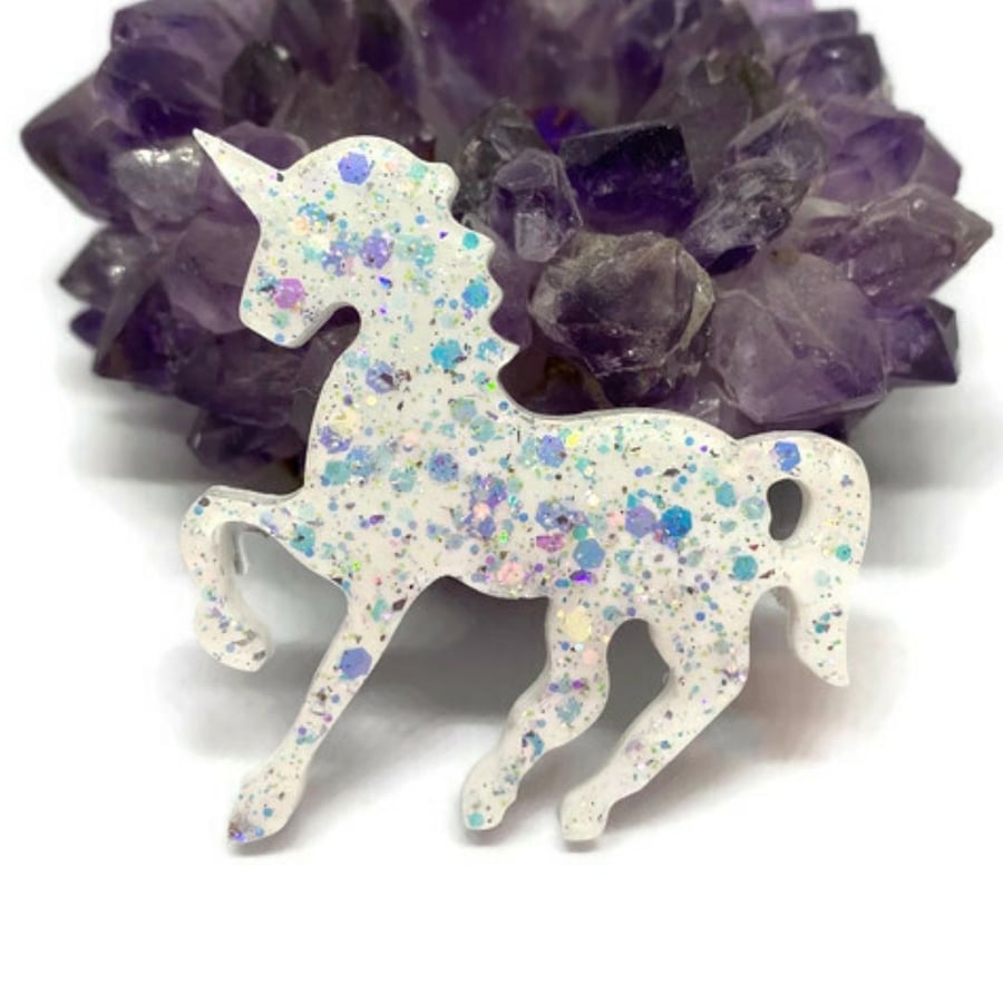 White unicorn brooch, glitter sparkle statement brooch.