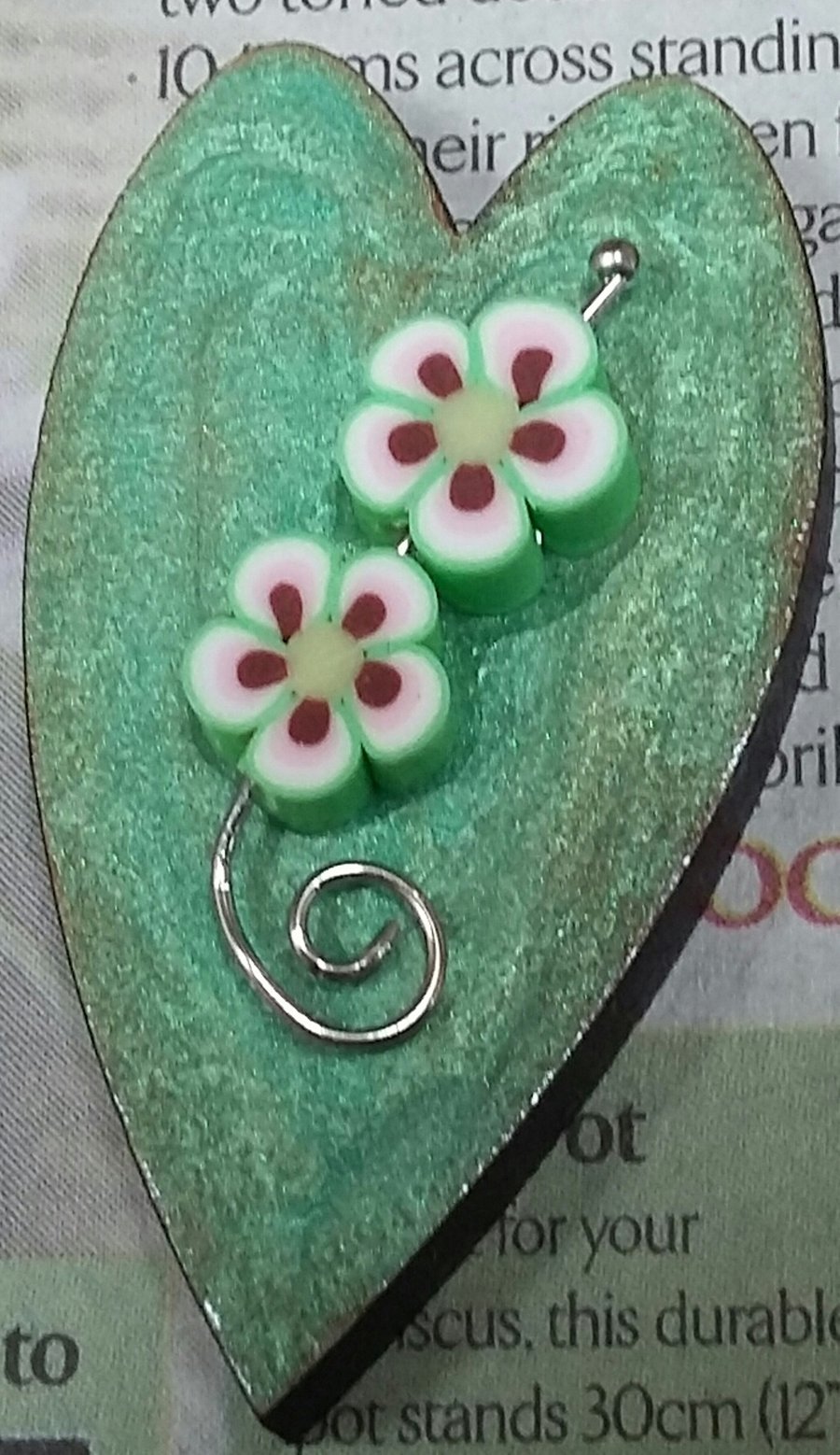 Wooden heart brooch with handmade fimo flowers and metal spiral