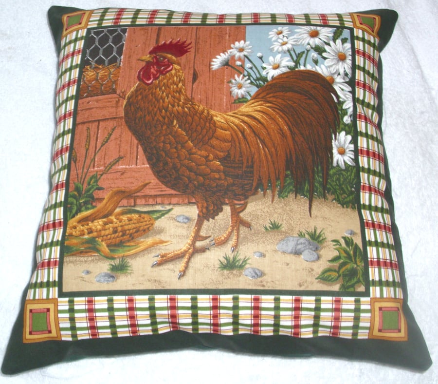 A Handsome Cockerel by hen coop in farmyard cushion