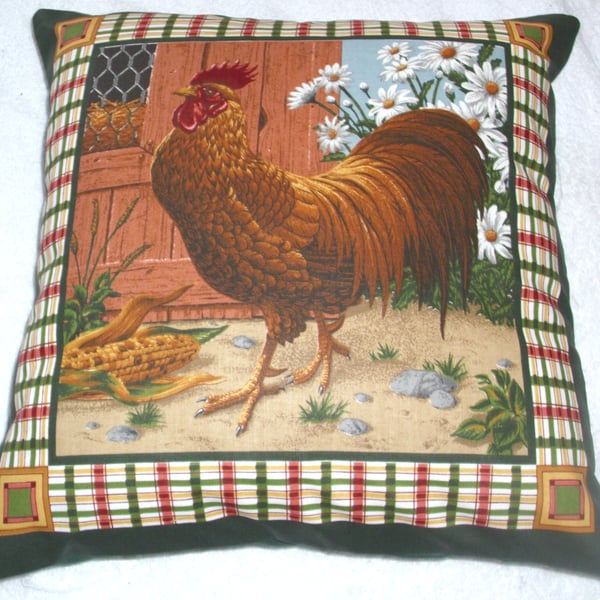 A Handsome Cockerel by hen coop in farmyard cushion