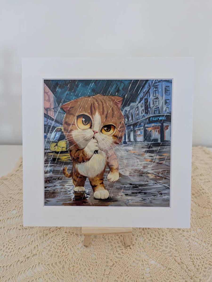 Orange Tabby cat Print in Mount- Rainy Day Wanderer