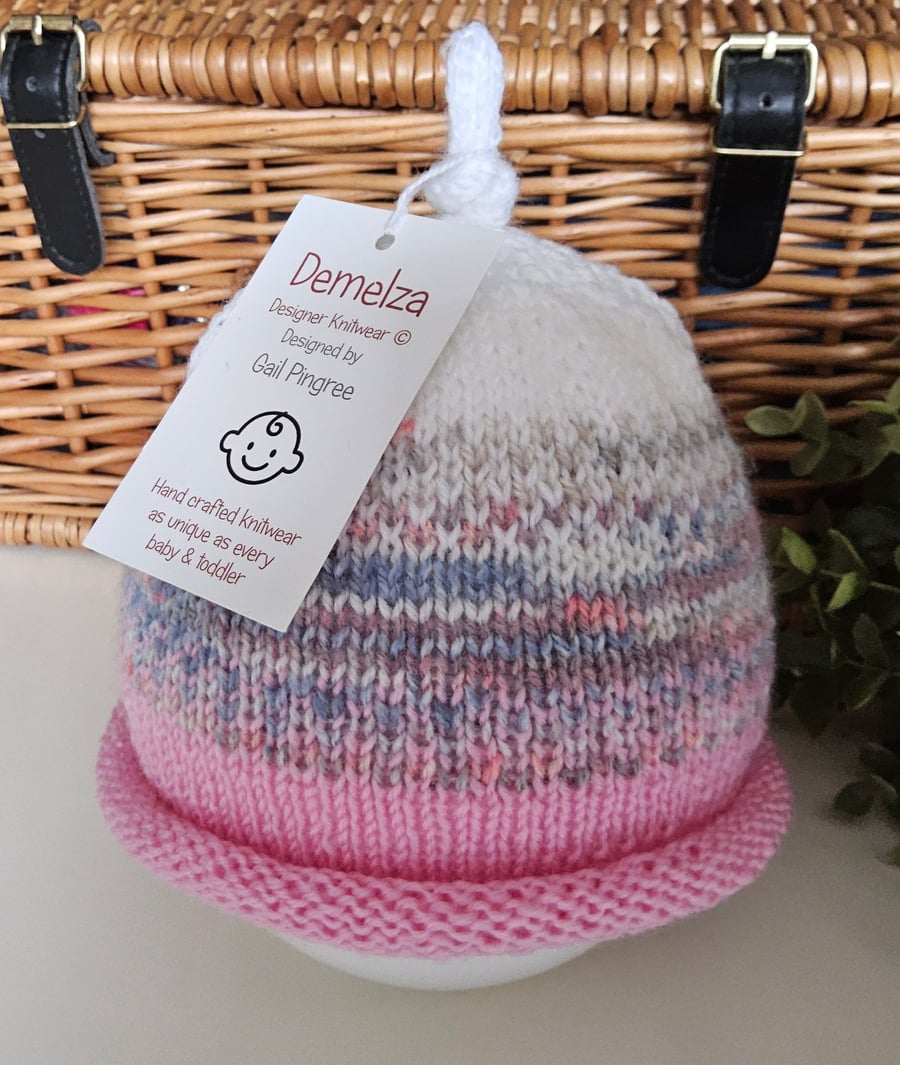 Image of Baby Girls Knotted Fairisle Hand Knitted Pixie Hat 6-12 months size