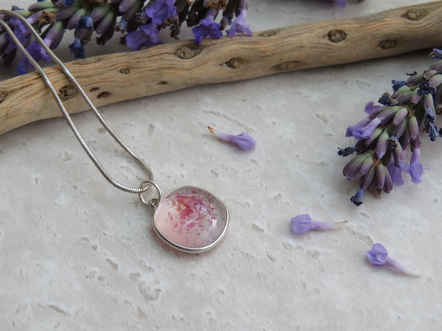 Fuchsia Pink Spray Fused Glass Sterling Necklace