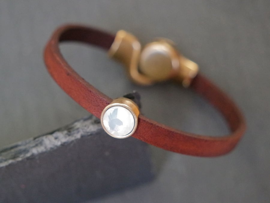 Leather bracelet - dark brown antique gold bronze opal-white crystal