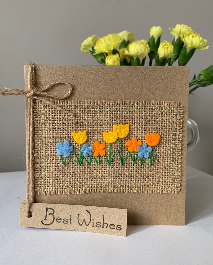 Birthday Card. Row of bright spring flowers. Wool felt. Handmade. Greeting card.