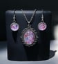 Pendant and earrings set, pale pink felt with silk fibres under glass cabochon
