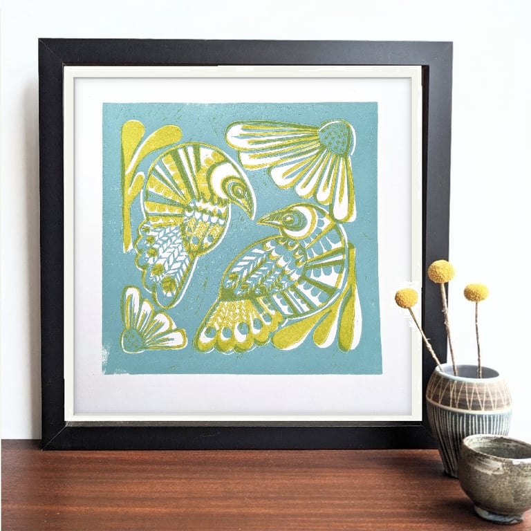 Two Birds Linoprint