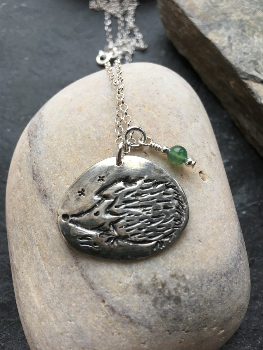 Hedgehog pendant handmade in fine silver on sterling silver chain