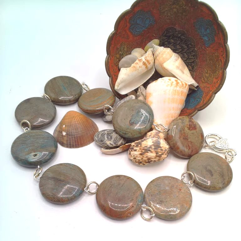 Large Brown Green Blue Jasper Coin Bead Rosary Style Necklace, Gift for Her