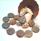 Large Brown Green Blue Jasper Coin Bead Rosary Style Necklace, Gift for Her