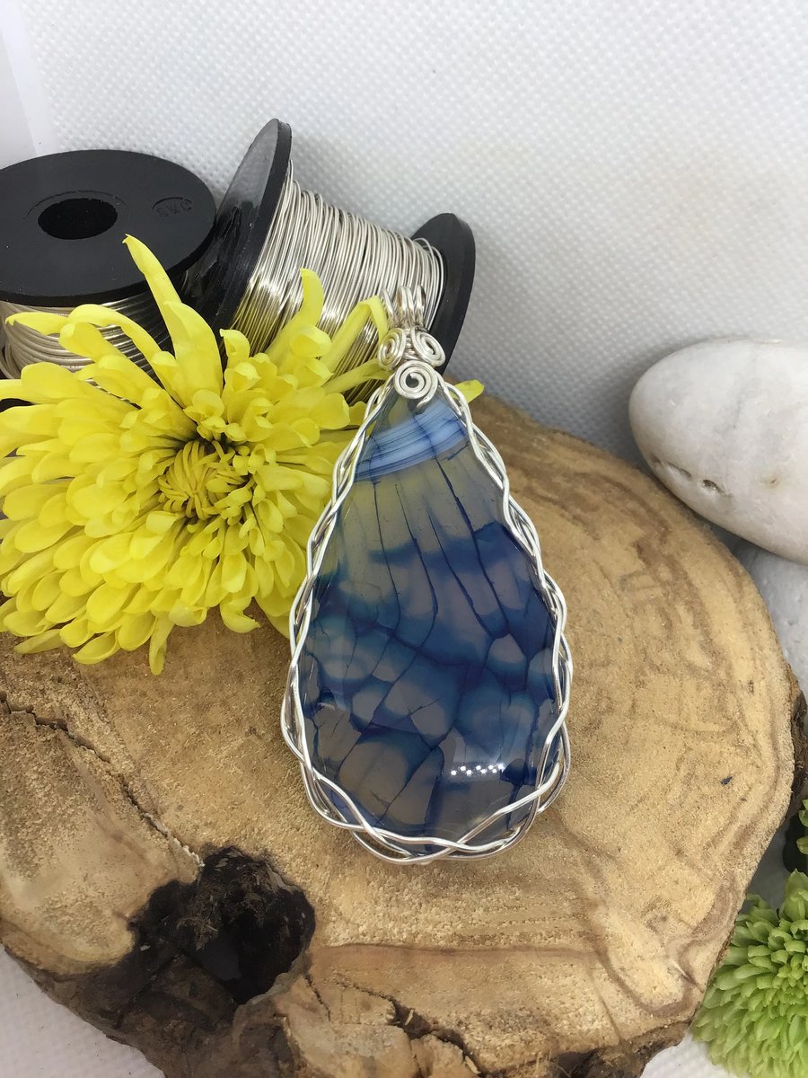 Blue dragon Vein Agate wire Wrapped Pendant