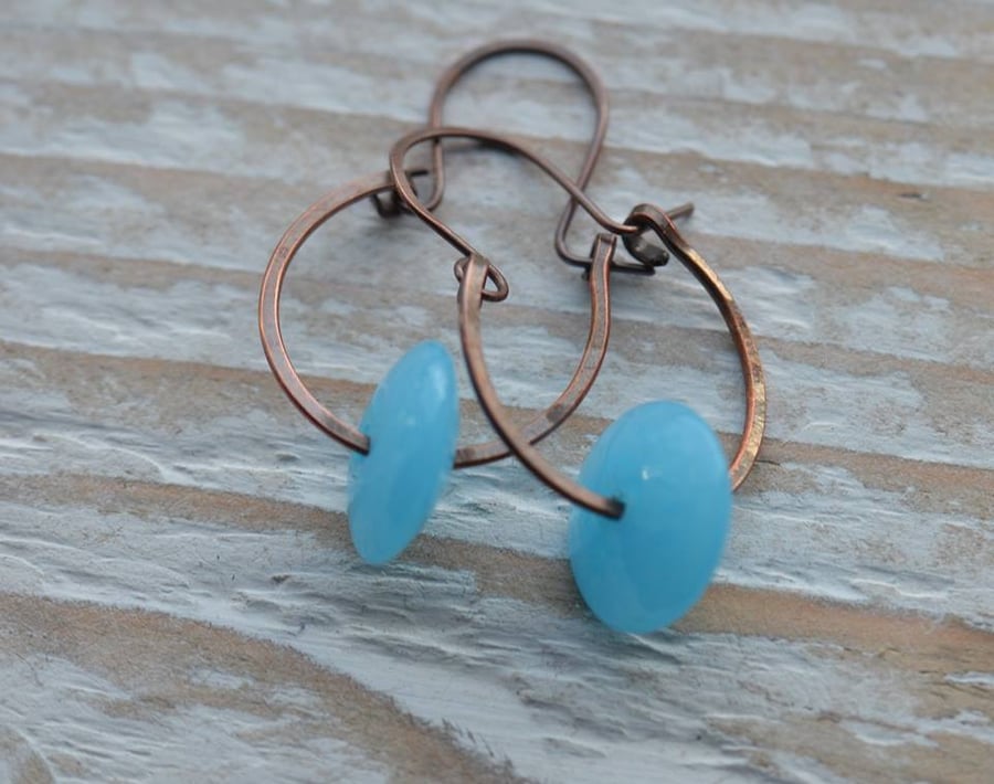 Handmade Copper Hoop Earrings with Turquoise Lampwork Glass Disc Beads