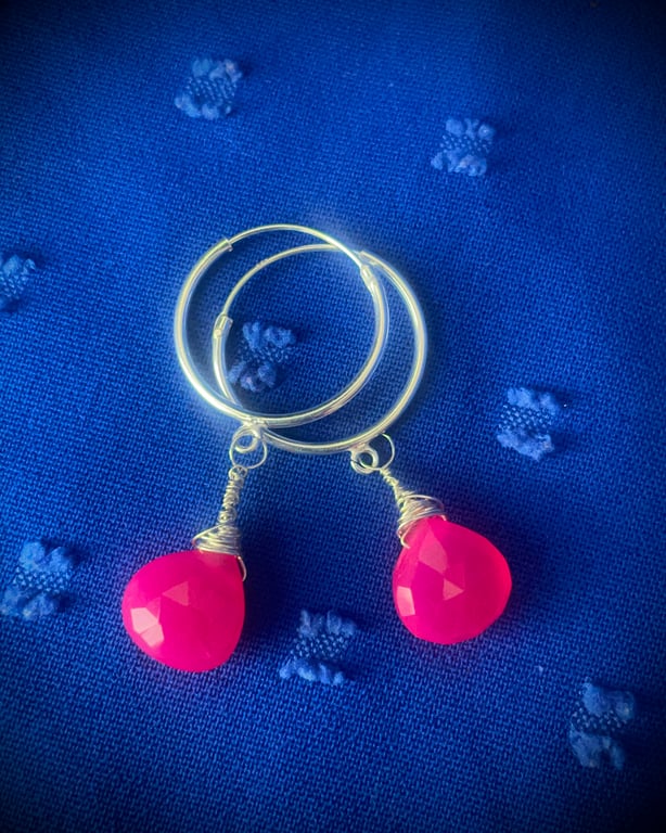 Sterling silver, hallmarked pink Chanceldony briolette drop earrings