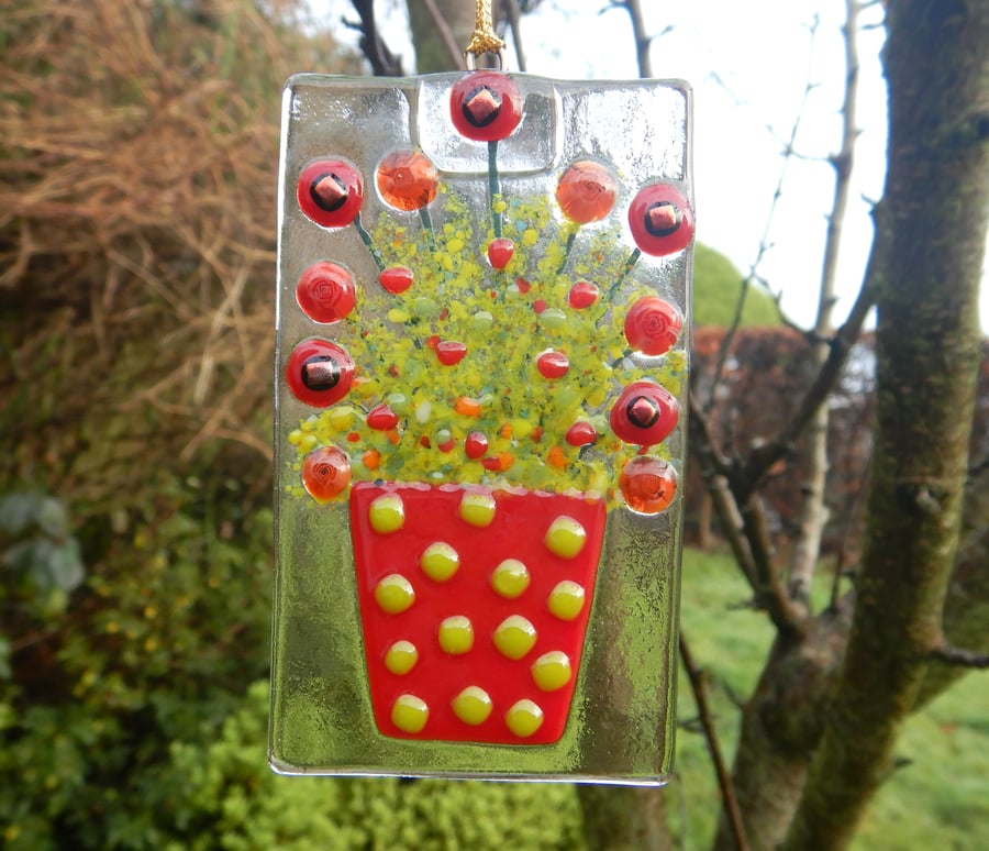 Artist made Fused Glass Flowers Suncatcher.