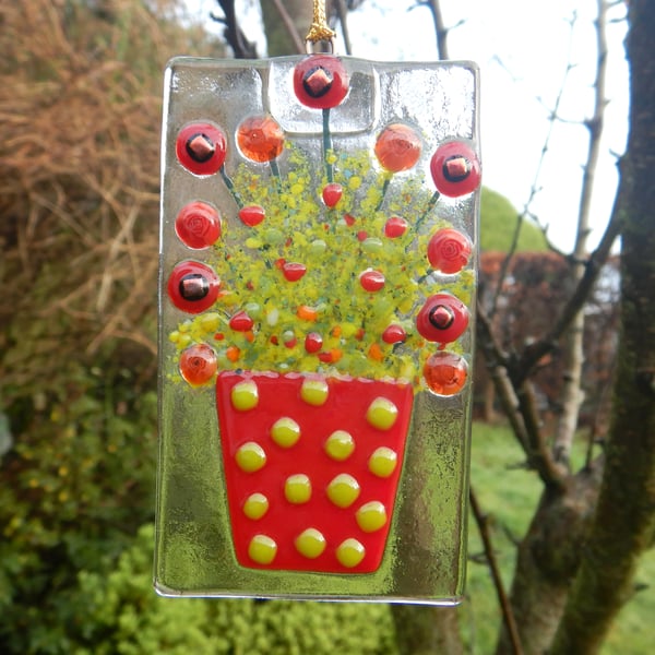 Artist made Fused Glass Flowers Suncatcher.