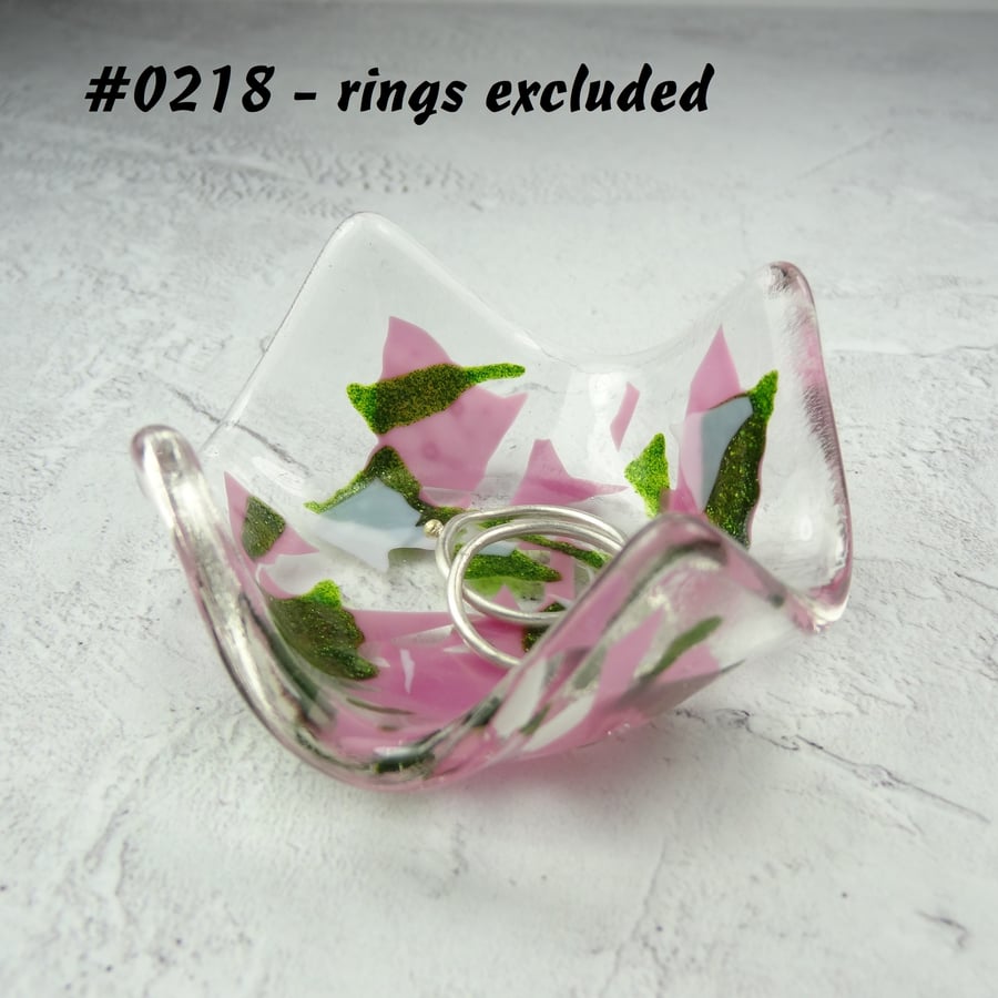 Pink green white fused glass ring dish, 7cm approx, handcrafted (0218)