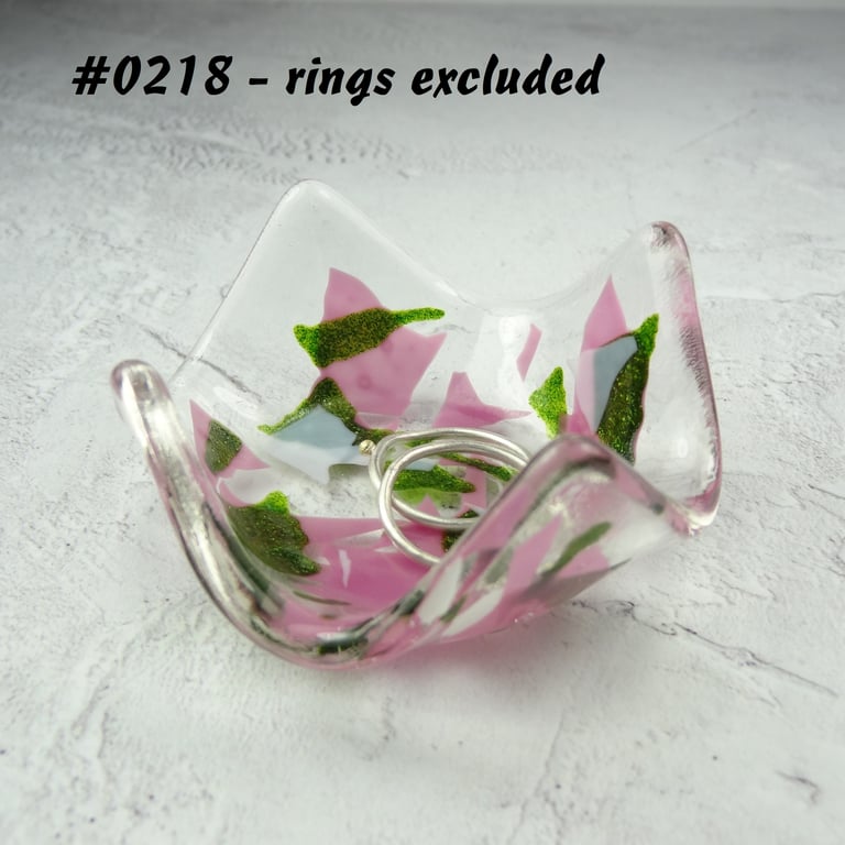 Pink green white fused glass ring dish, 7cm approx, handcrafted (0218)