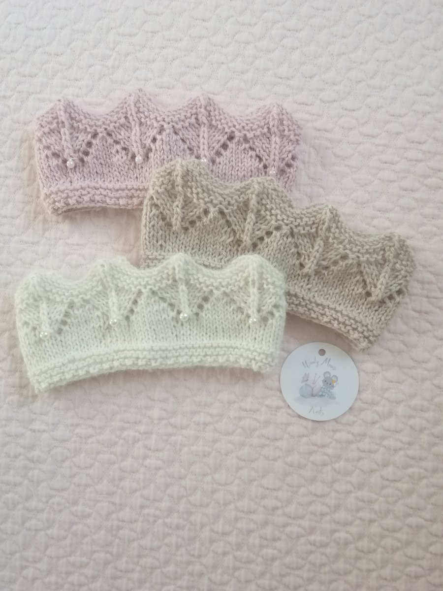 Hand knitted baby crowns, photoshoot props, christening crowns