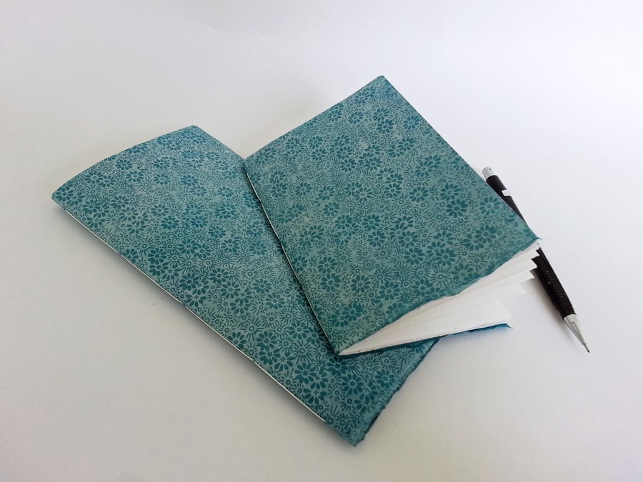 Two Teal Daisy Sketchbooks, pair of notebooks A5 tall & A6. Gift Set. 