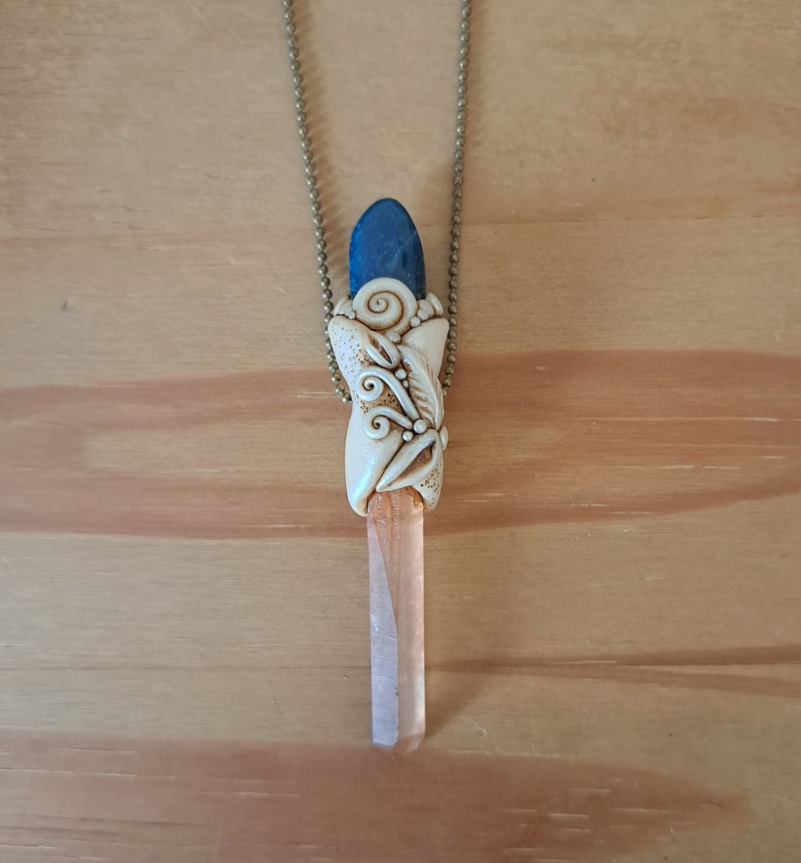 Blue Apatite with Tangerine Quartz Crystal and Polymer Clay Amulet Pendant