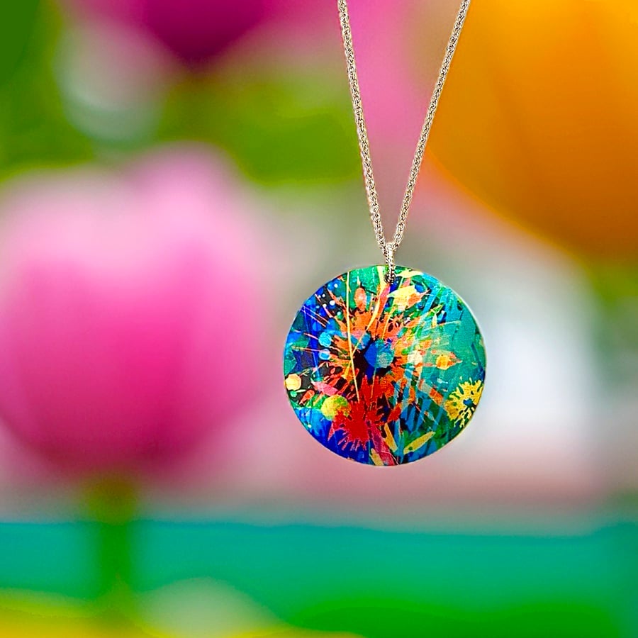 Floral abstract necklace, 32mm disc pendant, handmade jewellery. (504)