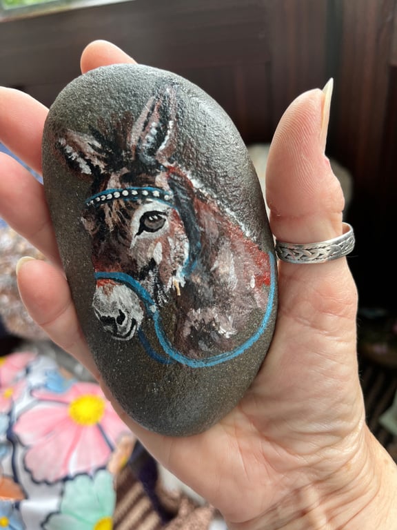 Seaside donkey Hand painted and varnished paper weight stone 