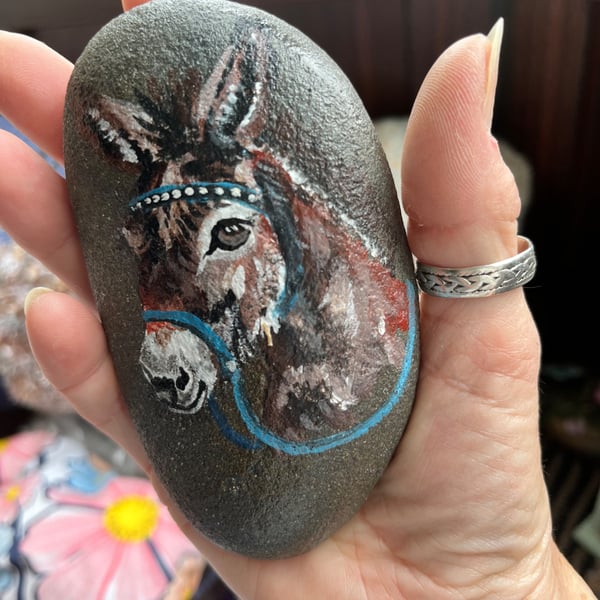 Seaside donkey Hand painted and varnished paper weight stone 