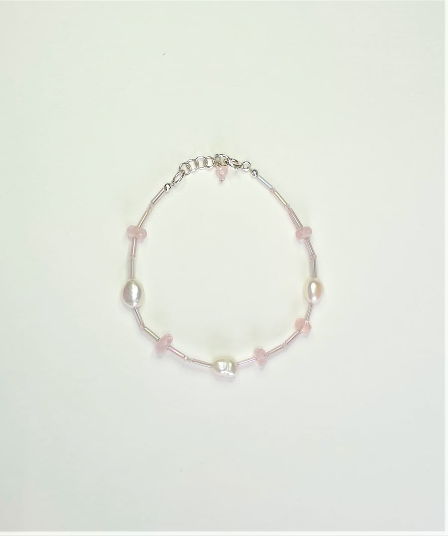 Morganite, Rose Quartz & Freshwater Pearl Sterling Silver Bracelet