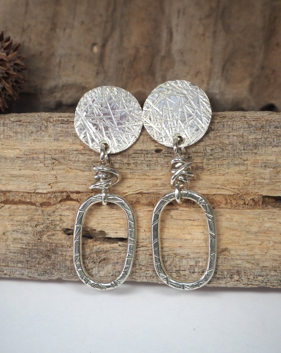 Silver stud dangle hoop earrings, silver earrings