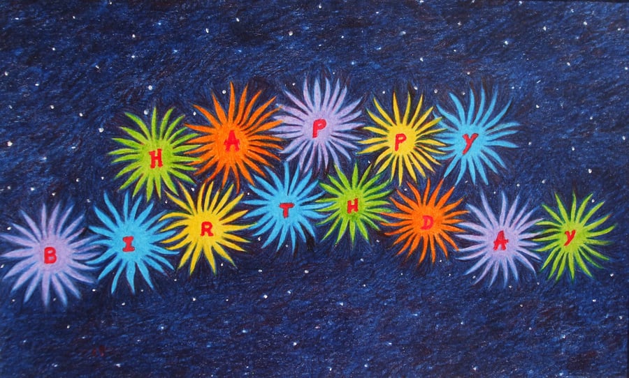 Birthday Card, Rainbow Flowers Card, Happy Birthday Art Card, Blank Card, Stars