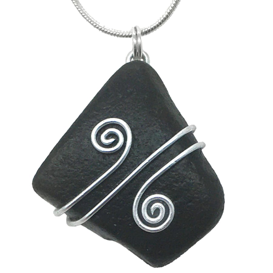 Black Scottish Sea Glass Celtic Pendant Necklace Wire Wrapped Seaglass Jewellery