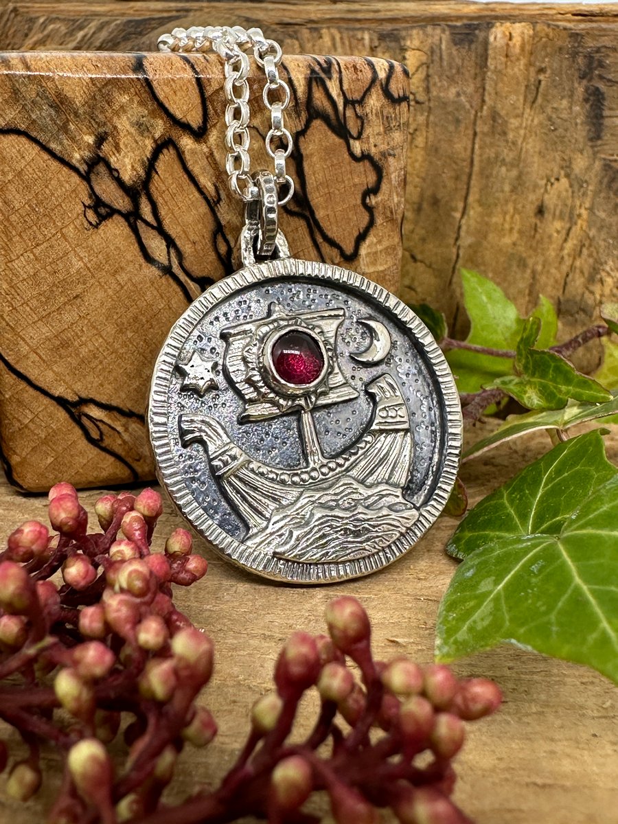 Viking Ship Coin Pendant with Garnet