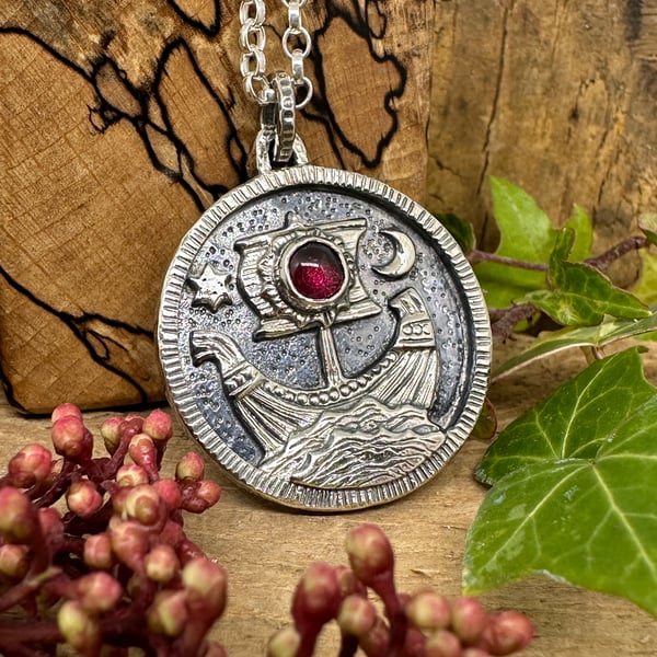 Viking Ship Coin Pendant with Garnet