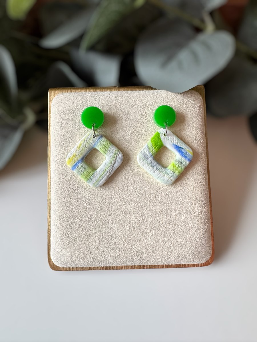 Lime Green & Textured Polymer Clay Earrings