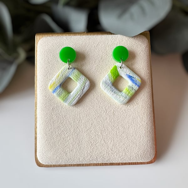 Lime Green & Textured Polymer Clay Earrings