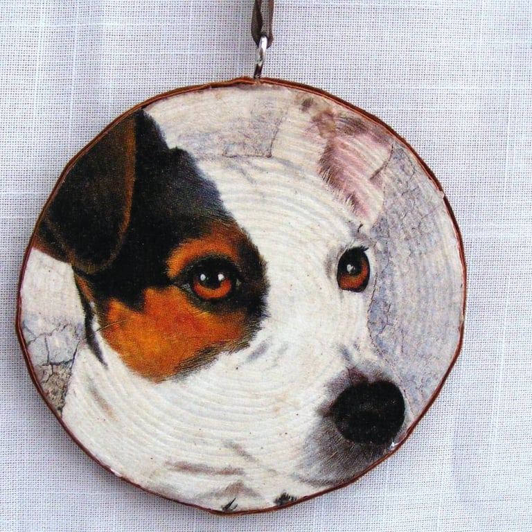 Jack Russell decoupaged log slice wall decoration