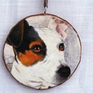 Jack Russell decoupaged log slice wall decoration