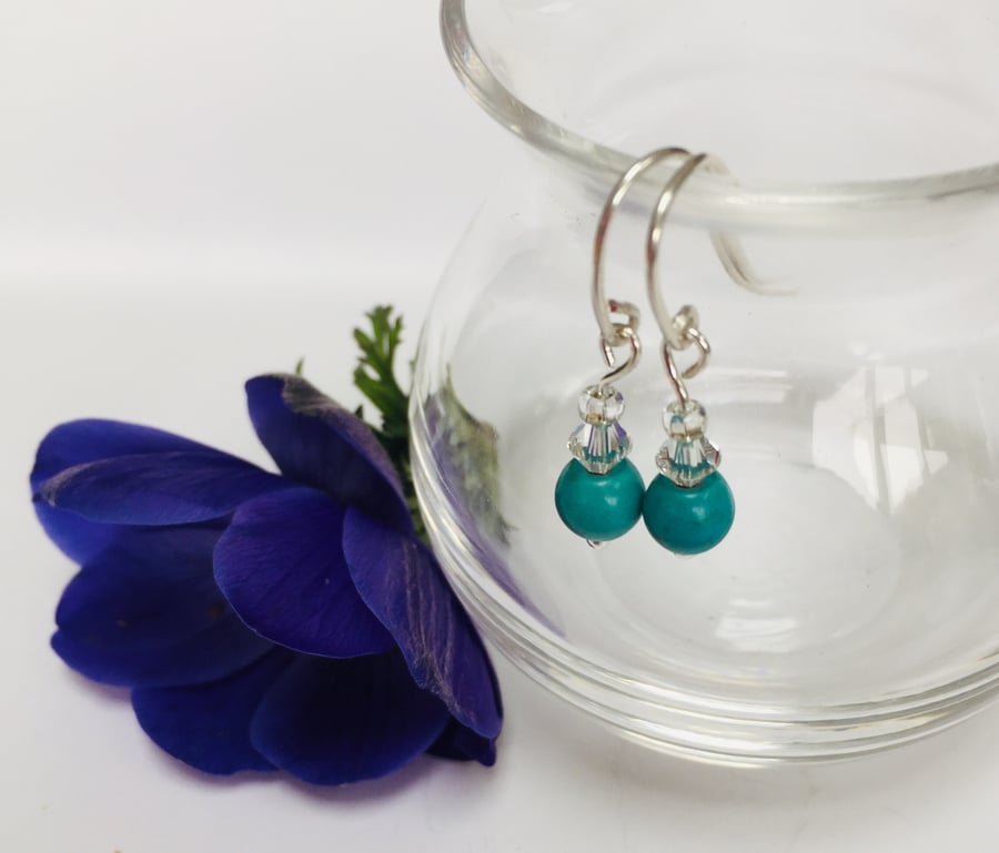 Sterling Silver Turquenite and Crystal Earrings