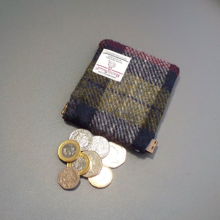 Harris tweed tartan purse pocket change flex top coin purse for men wine olive