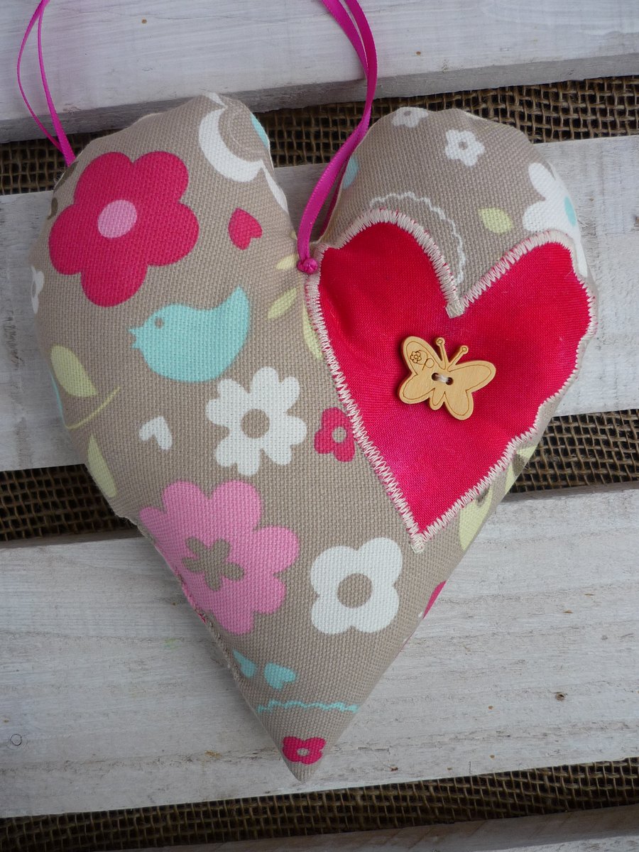 Hanging Heart Decoration with Applique Heart and Butterfly Button