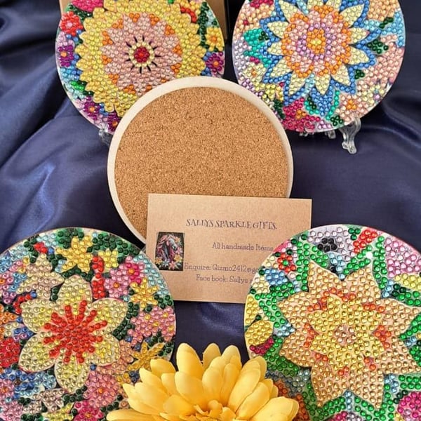 Diamond art coasters flowers for the season cork base and metal stand