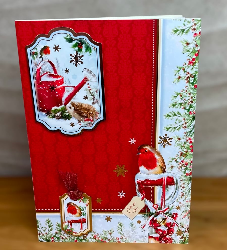 Christmas Card. Luxury Robin and Hedgehog Christmas Card. Festive Forest.